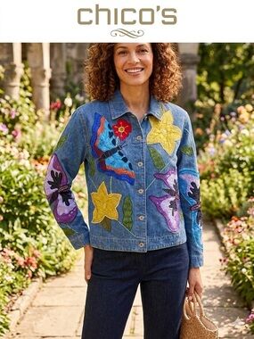 Chico's Blue Denim Jacket with Multicolor Floral Appliqués